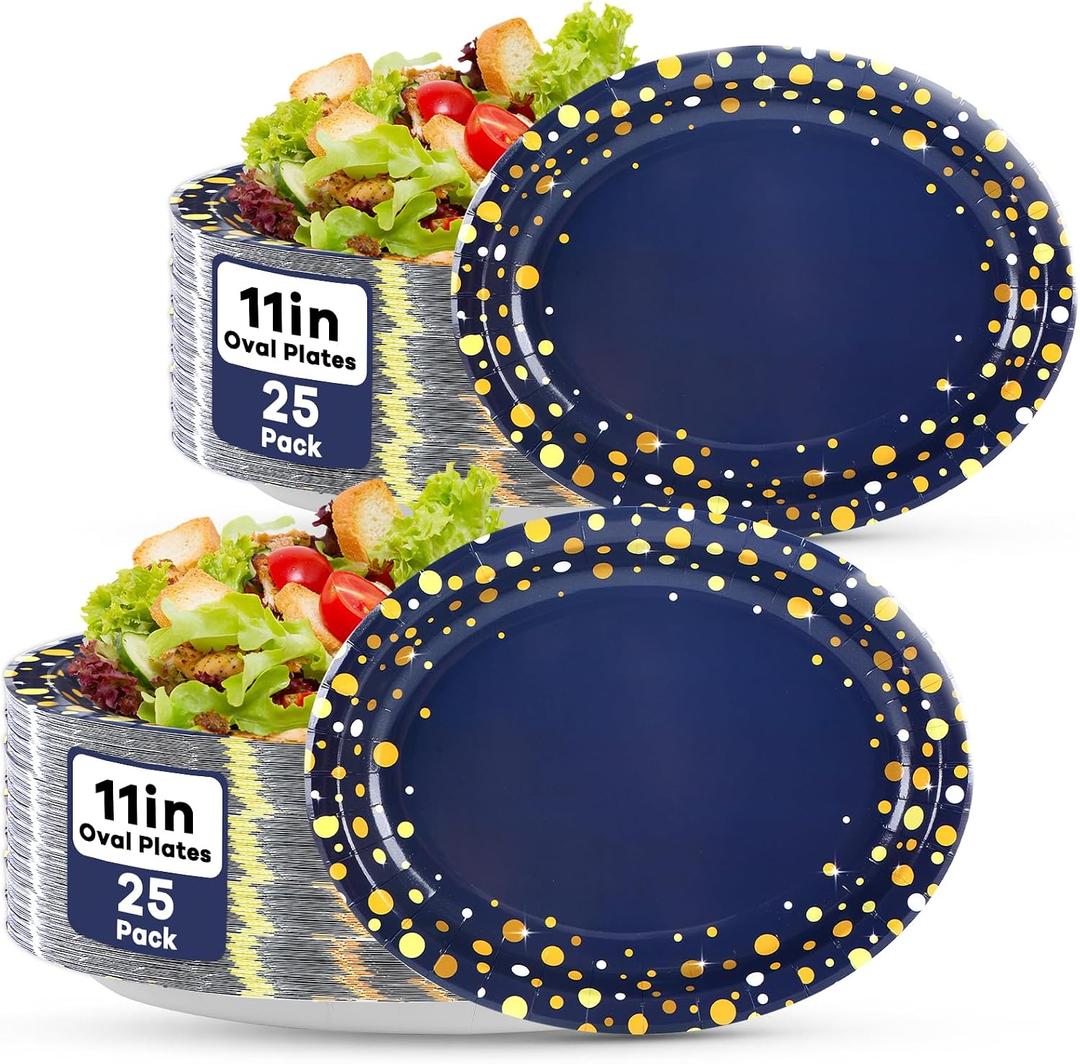 50Pcs Blue and Gold Party Supplies Large Gold Dot on Blue Paper Plates Oval Dinner Plates Disposable Party Tableware for Birthday Decorations Graduation Baby Showers Wedding Holiday Retirement