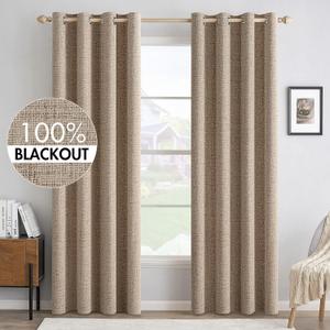 MIULEE 100% Blackout Linen Textured Curtains for Bedroom Solid Thermal Insulated Copper Brown Grommet Room Darkening Curtains & Drapes Luxury Decor for Living Room Nursery 52 x 84 Inch 
