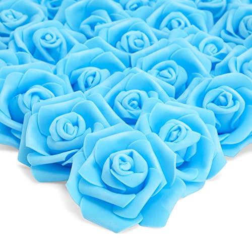 Juvale Faux Flowers for Wedding Decor - 100 Pack, 3-Inch Heads - Blue Silk Flowers - Artificial Roses for Centerpiece Table Decorations & Vase Filler