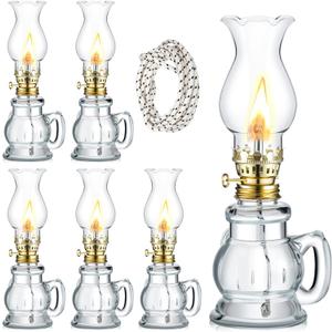 Yexiya 6 Set Vintage Glass Kerosene Lamp Rustic Oil Lamp Lantern Chamber Oil Clear Kerosene Hurricane with 6.6 ft Extra Wick for Indoor Use Lighting Decor Emergency (Trendy Style)