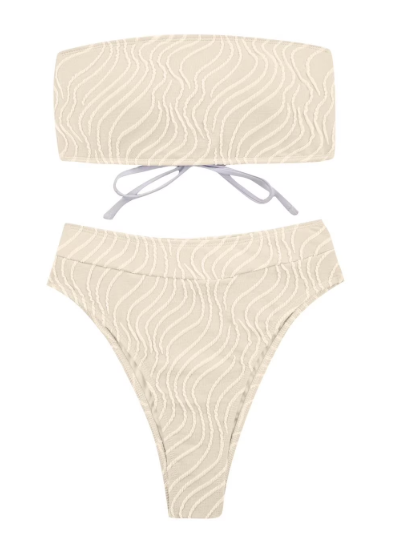 UTSJKR Savings Women's Bandeau Bikini Sets Two Piece Swimsuit Strapless High Cut Bandeau Bikini Lace Up Bathing Suit Ribbed Bikini Set Beige, S