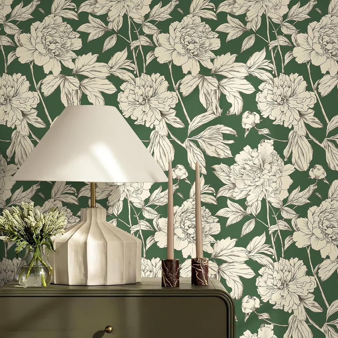 Simon&Siff Floral Linear Wallpaper, Black White Peel and Stick Wallpaper Sketch Flowers Removable Floral Wall Paper for Bedroom Bathroom Walls Cabinets Shelves (Green, 17.3"x 236")