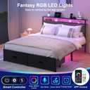 Queen Bed Frame with 2 Drawers, Platform Bed Frame with LED Lights and Charging Station, Upholstered Headboard, Heavy Duty Metal Slats, No Box Spring Needed, Noise Free, Easy Assembly