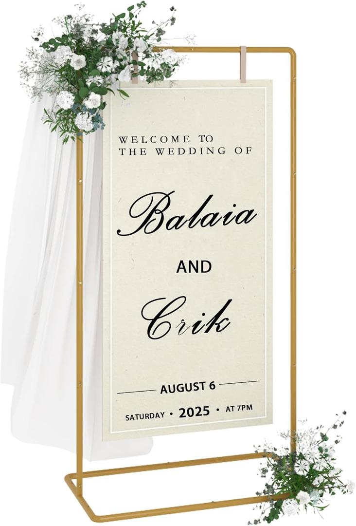 UDEAR Metal Wedding Sign Holder, Elegant Easel Stand Display Frame for Welcome Signs, Seating Charts, Floral Ceremony Decor, Birthday Party Signage, Gold