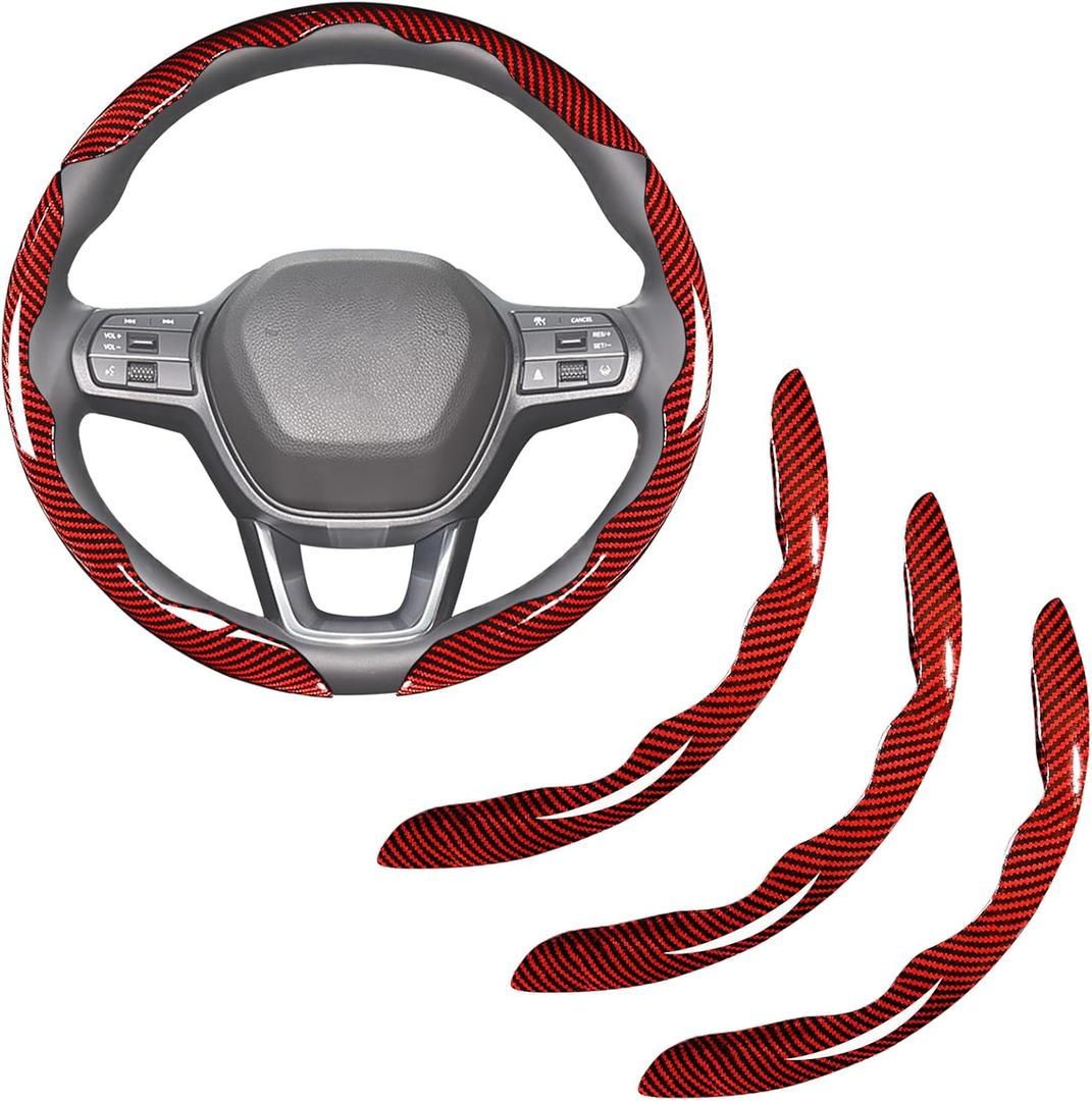 Carbon Fiber Steering Wheel Covers 3 Piece Clip on Steering Wheel Cover (Red) (Standard Size[14"1/2-15"])