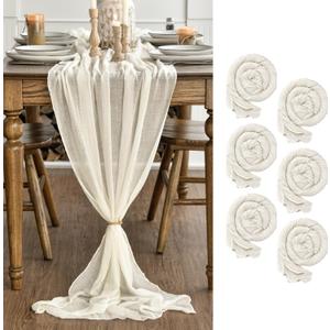 Artoid Mode Boho Beige Gauze 6 Pieces Wedding Table Runner, 120 Inch Birthday Fabric Kitchen Dining Holiday Table Decor for Home Party Indoor
