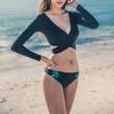 Women Two Piece Swimsuits Surfing Rash Guard Long Sleeve Padded Crop Top Swimwear (Black, M)