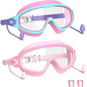 Swim Goggles for Kids 3-15 with Earplugs Large Frame Anti-Fog/UV Swimming Goggles for Boys Girls Toddler 2PCS