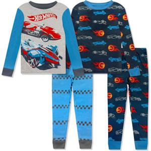 Hot Wheels 4 Piece Boys Pajama Set - Long Sleeve Shirt & Pants Soft Tight Fit PJs, Kids Toddler Sleepwear - Official License, 4, Blue