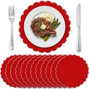 Set of 12 Red Cotton Placemats 15 Inch Round Scalloped Embroidery Placemats Washable Double Layered Rustic Table Mat Fabric Napkins for Wedding Table Decor, White Edge
