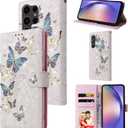 UEEBAI Wallet Case for Samsung Galaxy S23 Ultra 5G, PU Leather Phone Case Kickstand RFID Blocking Flip Case with Card Slots Wrist Strap Relief Engraved Magnetic Closure Folio Case - Blue Butterfly