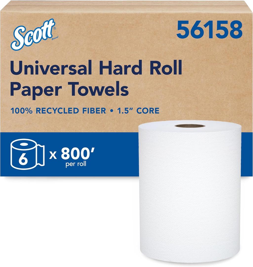 Scott Professional Universal 100% Recycled Fiber Hard Roll Paper Towels, Bulk (56158), Hardwound 1.5" Core, Absorbency Pockets, Compressed, White (6 Rolls at 800' Each, 4,800'/Case)
