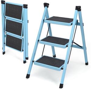 3 Step Ladder, Folding Step Stool for Adults, Lightweight Aluminum Step Ladder, Portable 330 LBS Capacity Ladders for Home Kitchen Library Office, Small Step Stools with Anti-Slip Wide Pedals, Blue