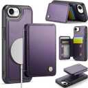 Compatible with Magsafe for iPhone 16E Wallet Case Magnetic Card Holder, RFID Blocking 2 in 1 Detachable Kickstand Shockproof Cover for Women Men, Purple