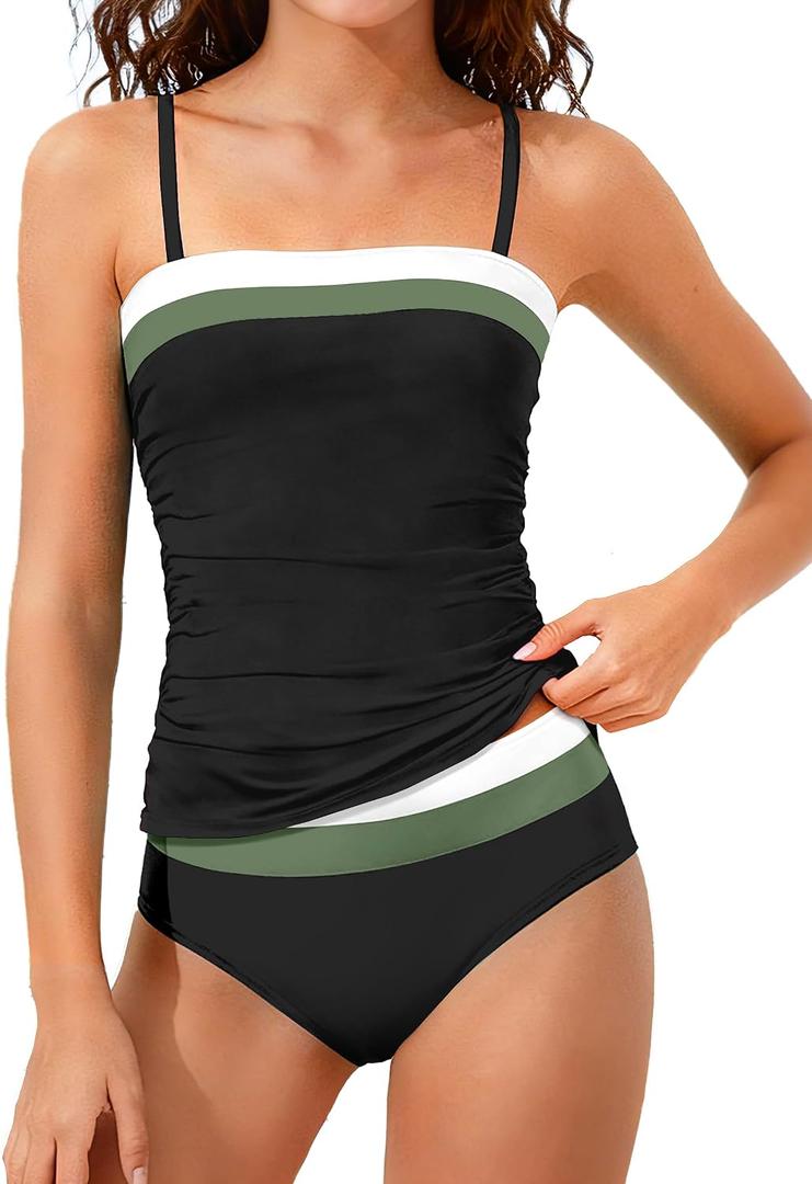 NAPU Girls Swimsuit Color Block Tankini Swimsuit Quick Dry 2 Piece Bathing Suit for Girls 13-1Years Teens Swimwear Summer (Black)