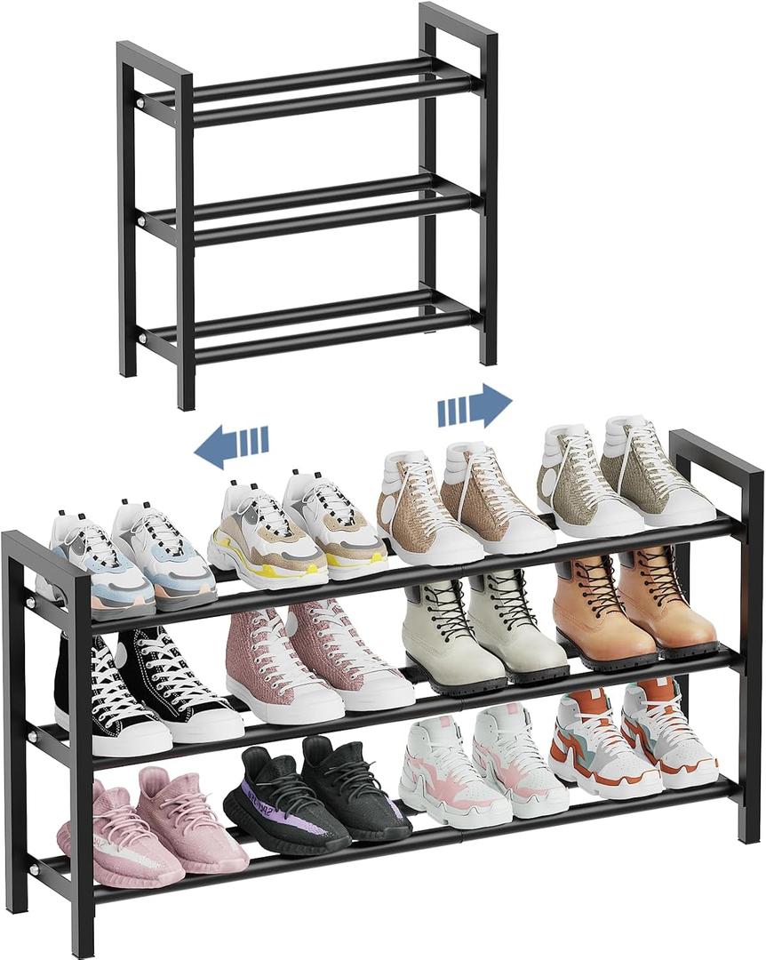 Mavivegue Expandable Shoe Rack for Closet, 3-Tier Shoe Organizer, Adjustable Shoe Rack for Front Door Entrance, Entryway (Black)