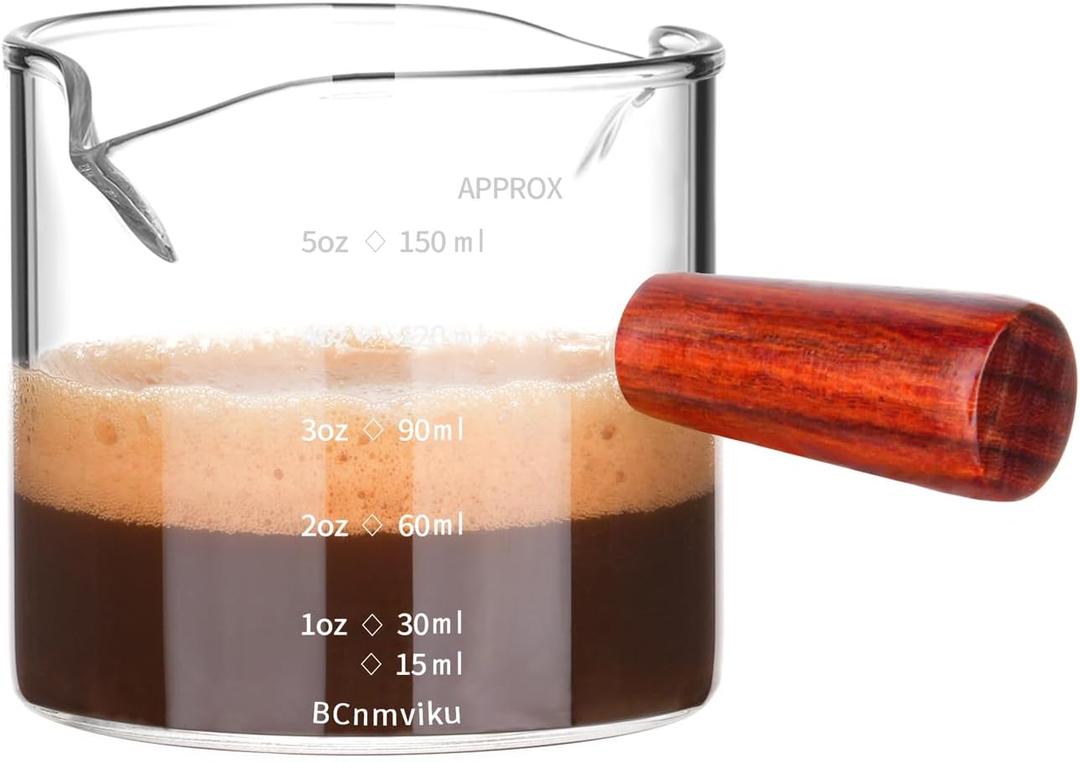 BCnmviku Double Spouts 150ML /5OZ Measuring Triple Pitcher Milk Cup with Wood Handle Espresso Shot Glasses Parts Clear Glass (1)