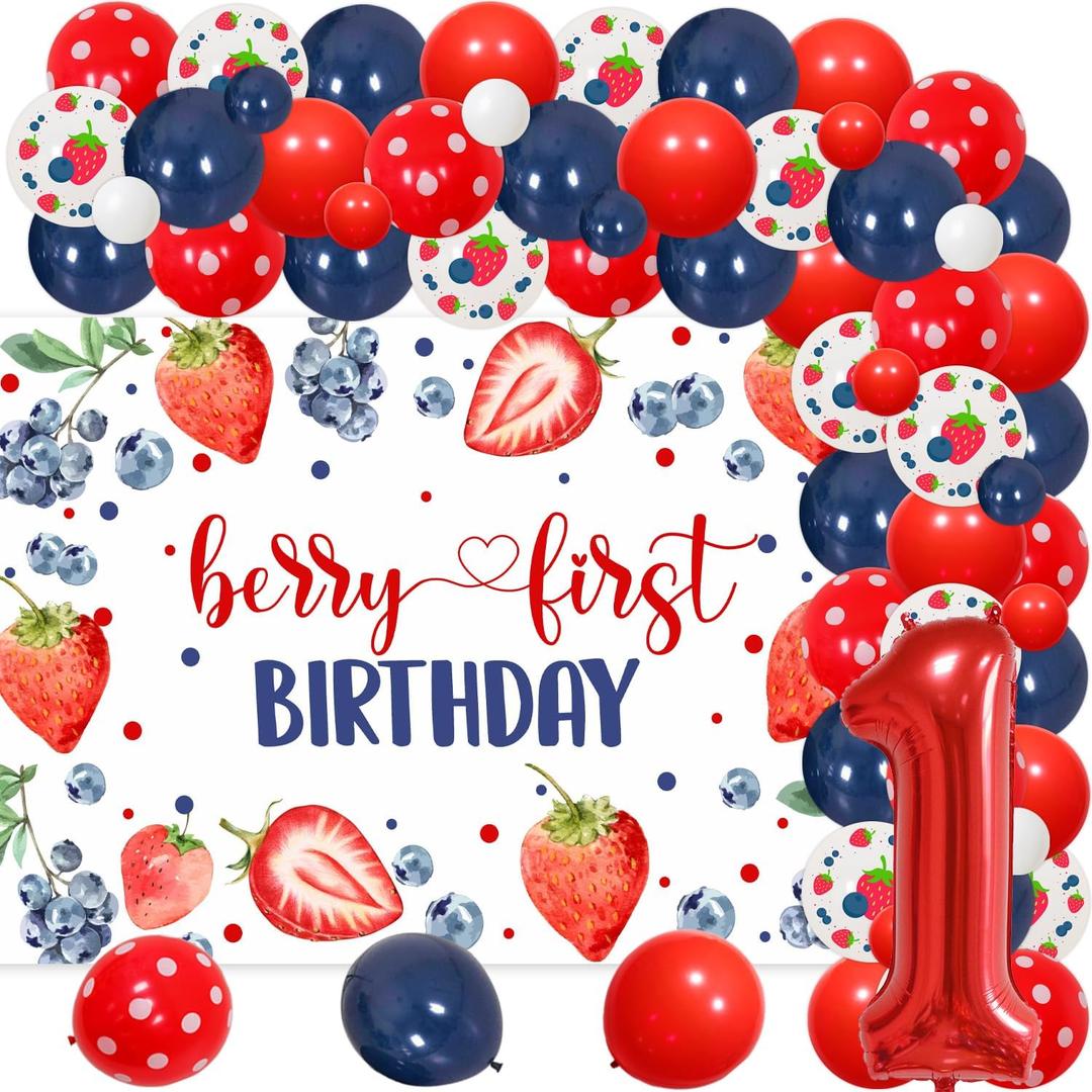 Berry Sweet One Birthday Party Decorations - Berry First Birthday Backdrop, Strawberry Blueberry Balloon Garland Arch Kit, Number 1 Foil Balloon for Baby Shower Fruit 1st Birthday Party Supplies