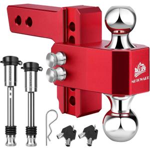 METOWARE Adjustable Trailer Hitch - Aluminum Tow Hitch Fits 2-Inch Receiver - Heavy Duty Drop Hitch with 4-Inch Drop/Rise for Truck (14,000 LBS GTW), Double Stainless Steel Locks & Hitch Pin, Red