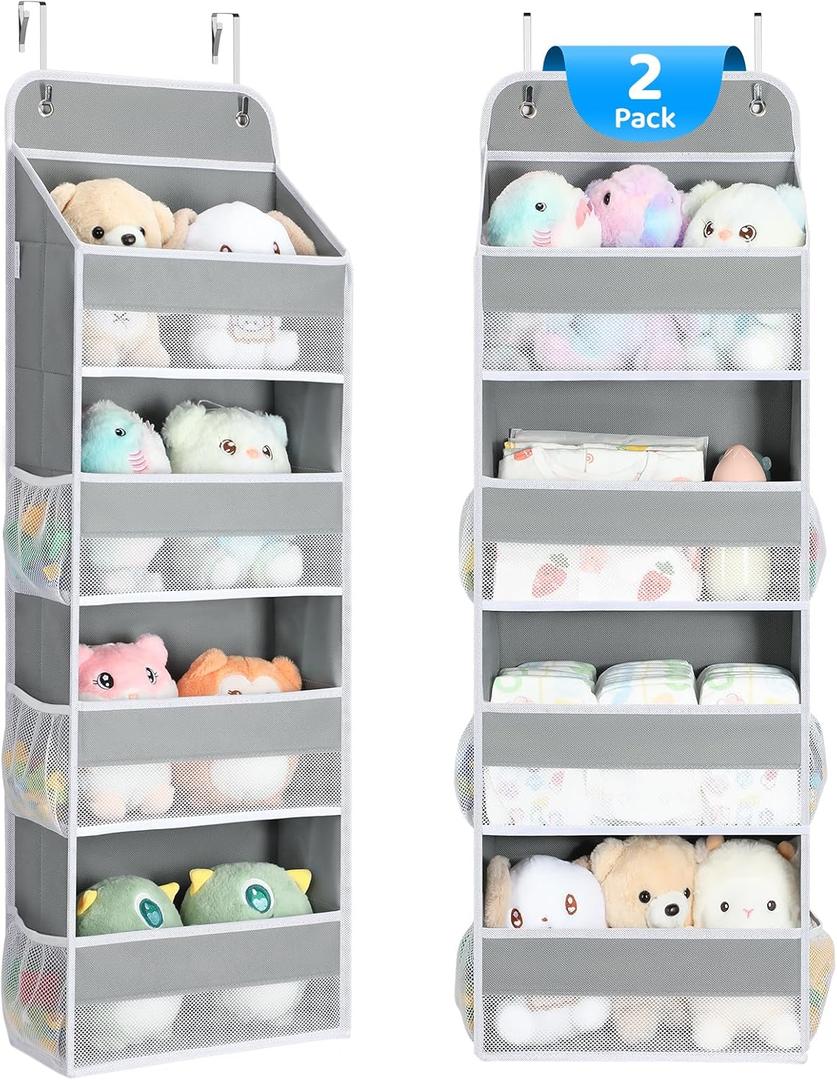Yecaye 2 Pack 4 Tier Over the Door Organizer, 35.2lbs Load Toy Stuffed Animal Storage, Swing-proof Hanging Bathroom Organizers and Storage for Nursery Baby Essential Stuff Dorm Room Essentials, Grey