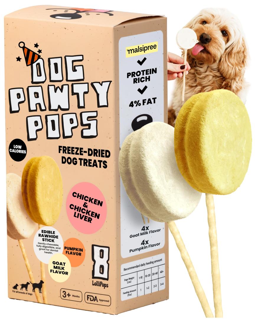 MalsiPree Dog Birthday Treats - Fun Lollipops, 8 Pack | Dog lollipops - healthy ice cream alternative & photo props - Use for puppy birthdays, gifts & training, Dec/07/2027