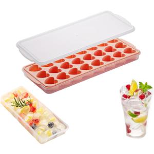 Heart-Shaped Ice Cube Trays With Lid and Bin- 24 Holes Silicone Fun Ice Cube Tray, BPA Free and Dishwasher Safe, Mini Cute Shape Ice Cube Mold, Easy to Remove With Lid (Pink)