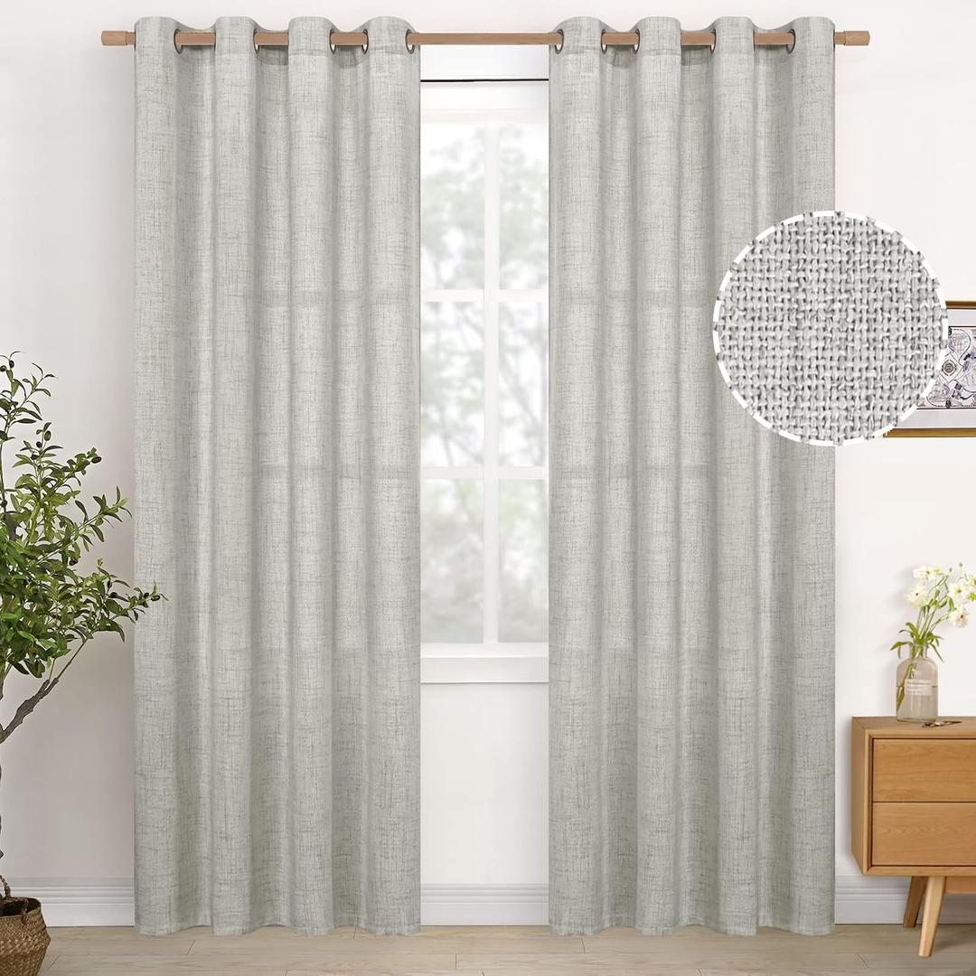 YoungsTex Light Grey Linen Curtains 84 Inch Length for Living Room, Textured Semi Sheer Window Drapes with Bronze Grommet Light Filtering for Bedroom Dining, 2 Panels, 52 X 84 Inch