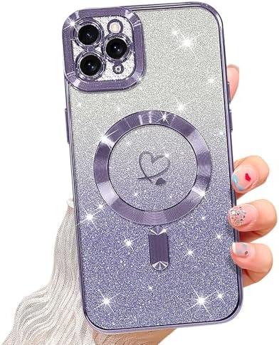NITITOP Compatible with iPhone 12 Pro Case Cute Clear Glitter [Compatible for MagSafe] Plating Heart Sparkle Bling Magnetic Girl Women Electroplated Frame Camera Protection Back Cover - Purple