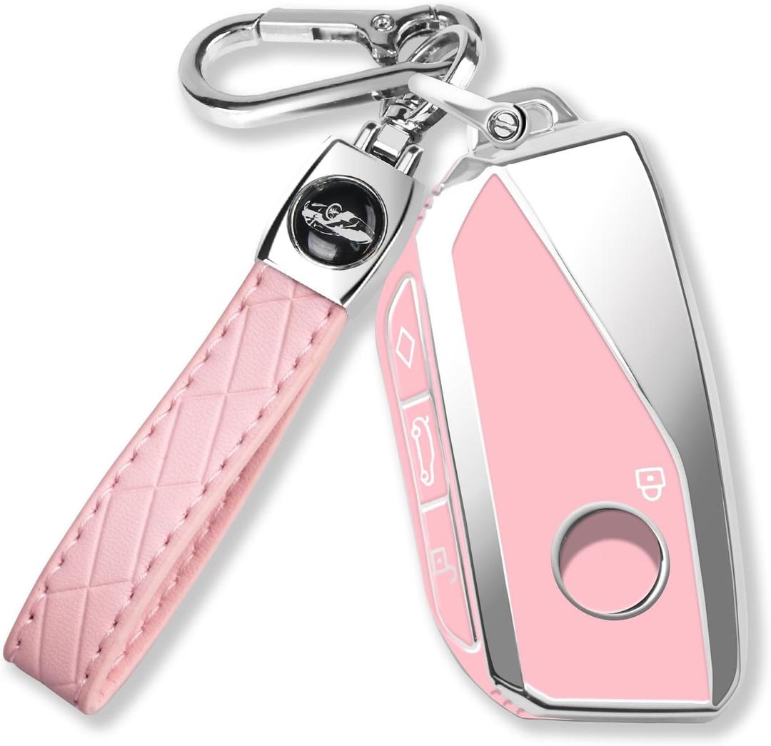 QBUC for BMW Key Fob Cover with Keychain Chrome Silver Trim Soft TPU Protection Case Compatible with 2023-2025 BMW 7 Series 740 760i I5 I7 IX X1 X5 X6 X7 XM (Pink)