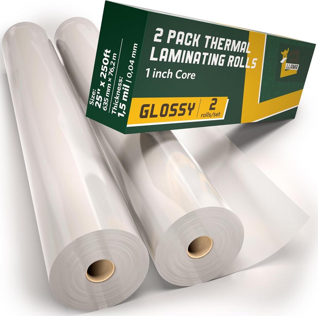 Thermal Laminating Roll, Clear Glossy Laminate Film Roll 1.5 Mil 1 Inch Core 25" x 250", 2-Pack Compatible with GBC, USI Replacement