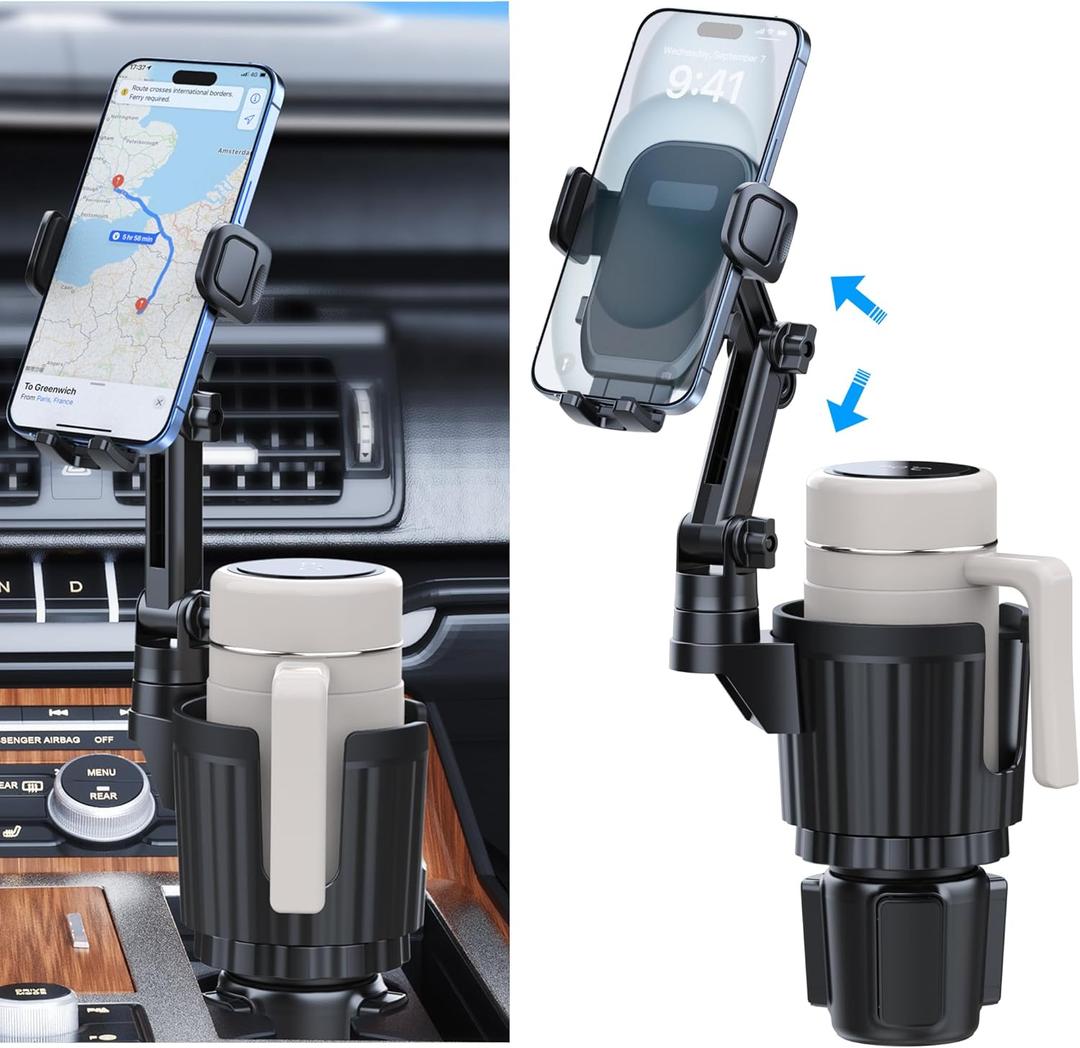 Cup Holder Phone Mount, 2 in 1 Universal Cup Holder Expander with Long Arm 360Rotation Cup Phone Holder for Car Fits All 4-7 iPhone Galaxy Smartphones and Most Truck Bottles