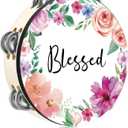 Tambourines for Adults 10 Inch Church Christian Flowers Dance Tambourine Double Row Jingle Bible Hand Bell Drum for Church Pray Party Percussion Musical Instrument Hand Bell Clap Drum(Blessed)