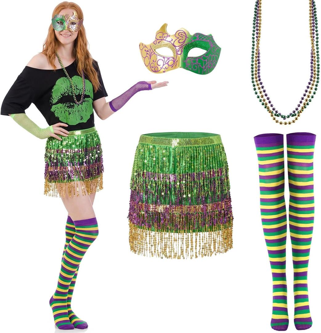 Syhood 6 Pcs Mardi Gras Costume Set, Sequined Tassels Tutu Skirt, Faux Feather Pattern Half Mask, Necklace and Long Socks (L)