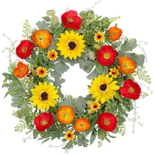 Hollyone Spring Wreaths for Front Door 20" Artificial Summer Sunflowers Poppy Wreath with Eucalyptus Leaves Fake Silk Floral Wreath for All Season Front Door Home Window Farmhouse Indoor Outdoor Decor