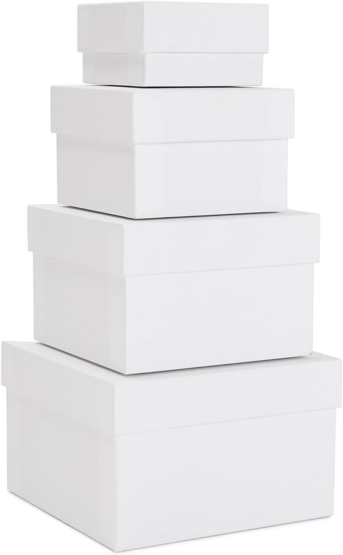 Stockroom Plus Set of 4 Sizes Square Nesting Gift Boxes with Lids for Presents, Stacking Decorative Goodie Box for Holidays, Wedding, Birthday, and Party Favors (White)
