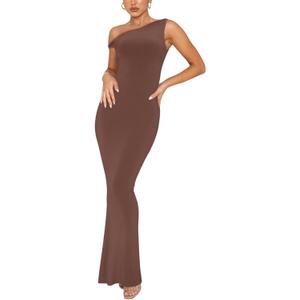 REORIA Women's Summer Sexy One Shoulder Formal Long Dress Wedding Guest Elegant Sleeveless Ribbed Bodycon Maxi Dresses (Small, Coffee)
