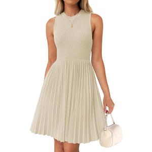 ZESICA Women's Summer Sleeveless Mini Dress 2025 Crewneck Knit A Line Pleated Swing Casual Basic Short Dress