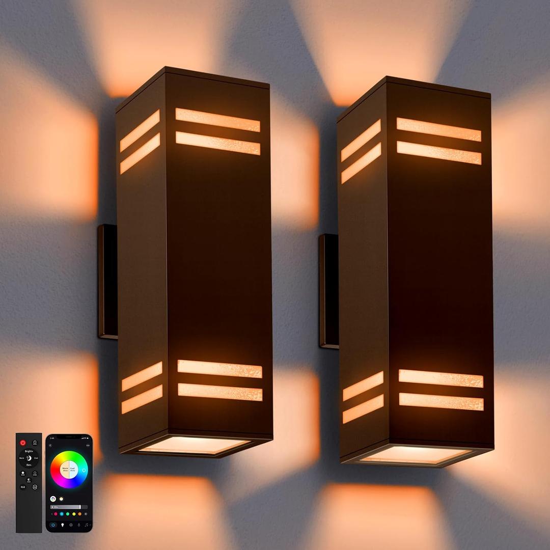 Smart Outdoor Wall Lights 2 Pack, IP65 RGB Wall Lights Up Down Outdoor Lights Color Changing, RGBCW APP Control Exterior Lighting Fixture Compatible with Alexa Google Assistant (Bronze)