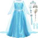 Elsa Dress for Girls Toddler Snow Princess Costume Blue with Wig Halloween Birthday Party Dress Up Outfits (6-7Y)
