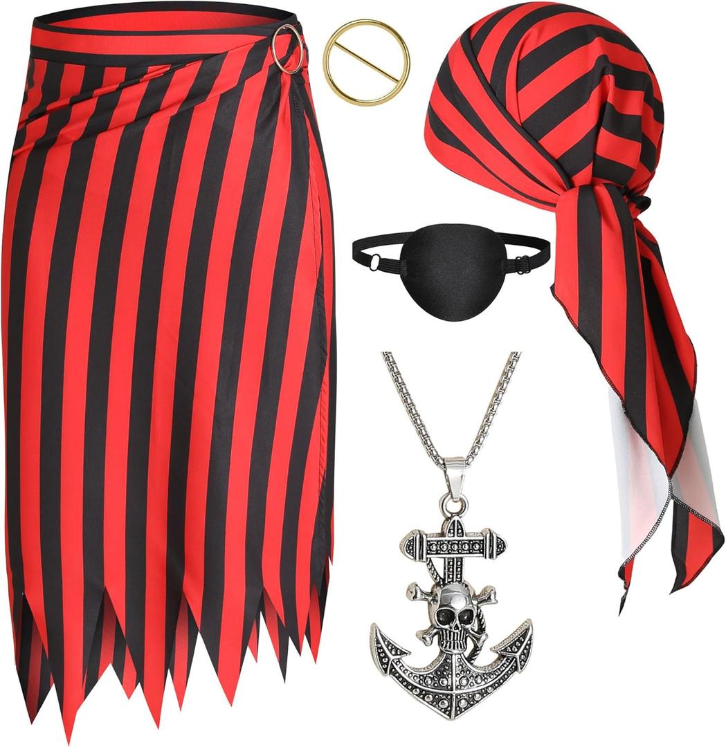 Pirate Costume Women Skirt Dress Accessories Set with Head Scarf Eye Patch Necklace Halloween Pirate Outfits (Red+Black)
