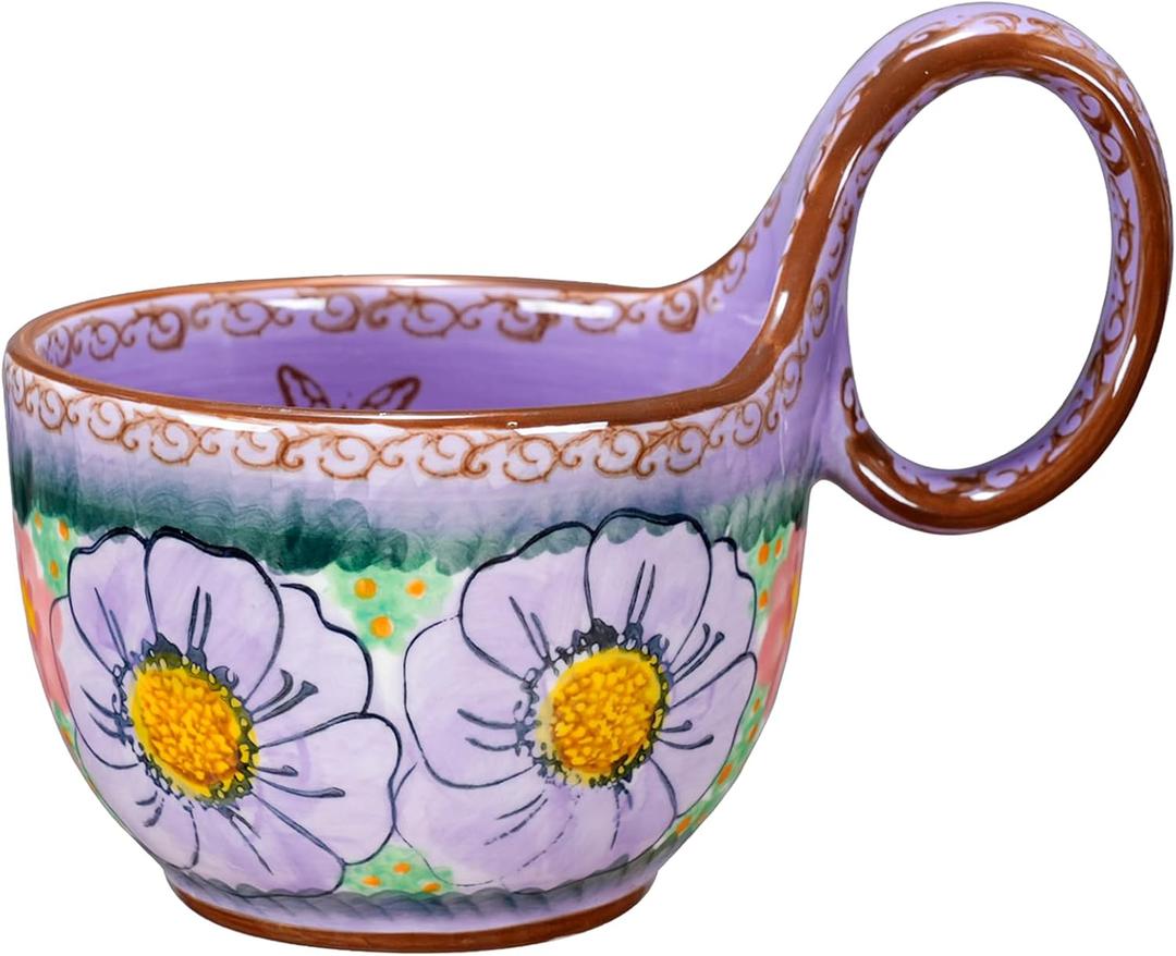 silesia Handmade Ceramic Soup Bowl with Loop Handle, Hand Painted Floral Cereal Bowl, Artisanal Soup Mug for Chili, Stew, Oatmeal, Microwave Safe, Glazed Purple