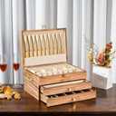 Silverware Storage Box, 3-Layer Flatware Storage Case with Drawer, Wooden Silverware Chest with Handle and Linen Liner, Rustic Silverware Case for Storing Fine Flatware and Utensils (Brown)