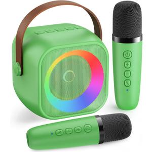 Mini Karaoke MachinePortable Bluetooth Karaoke Microphone, Singing Speaker with 2 Wireless Mic and Light Kids Adults, Christmas Birthday Gifts for Girls Boys Family Home Party(Green)
