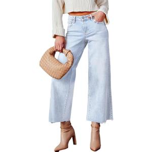 Allimy Women's High Waisted Straight Ankle Wide Leg Ripped Jeans Frayed Hem Stretchy Capri Denim Pants (4, Light Blue-202)