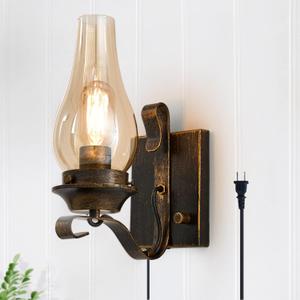 Yisuro Plug in Wall Sconce,Oil Rubbed Bronze Wall Sconces,Retro Rustic Wall Lamps,Sconces Wall Lighting with Amber Glass,Indoor Vintage Bedside Wall Lighting for Living Room Bathroom (1 Pack)