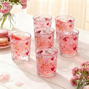 6 Pcs Valentines Heart Glasses Drinkware Valentines Day Icon Juice Glasses 11oz Galentines Day Pink Bow Cup for Party Gift Hot and Cold Beverages Women Friend