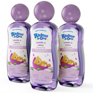 RICITOS DE ORO Lavender Baby Shampoo - Nourishes & Softens Hair, Calming Aroma, Includes Rattle Cup, Hypoallergenic & Tear Free, Promotes Better Sleep, Natural Lavender, Size 8.45 oz, 3-Pack