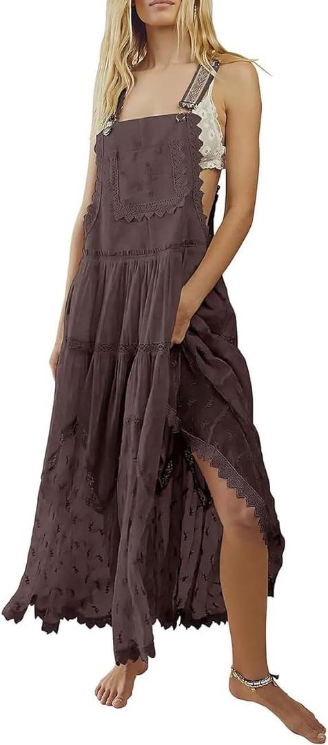 chouyatou Women's Lace Embroidered Tiered Maxi Dress Casual Suspender Strap Bib Overall Jumper Dress (Medium, Coffee)