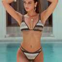 ZAFUL Bikini Sets for Women Dual Straps Wave Texture Cutout Color Block Triangle Swimsuits 2 Pieces Bathing Suits (Brown, S)