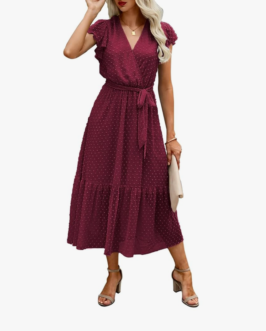 Pretty Garden  Women Summer Bohemian Floral Casual Wrap V Neck Ruffle Cap Sleeveless Belt A-Line Pleated Hem Midi Sun Dress Red XXL
